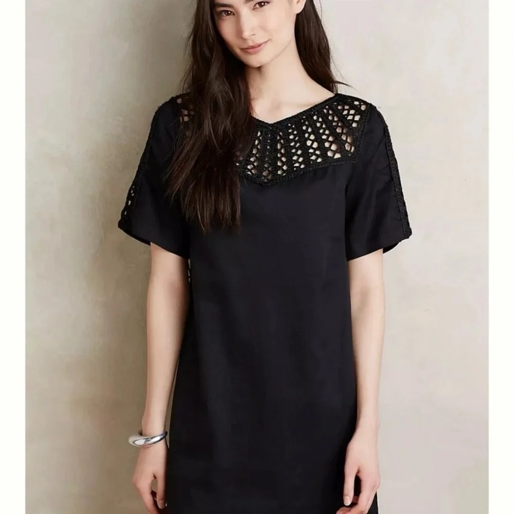 Maeve by Anthropologie Linen Blend Battenburg Shift Dress Crochet Detail Black M